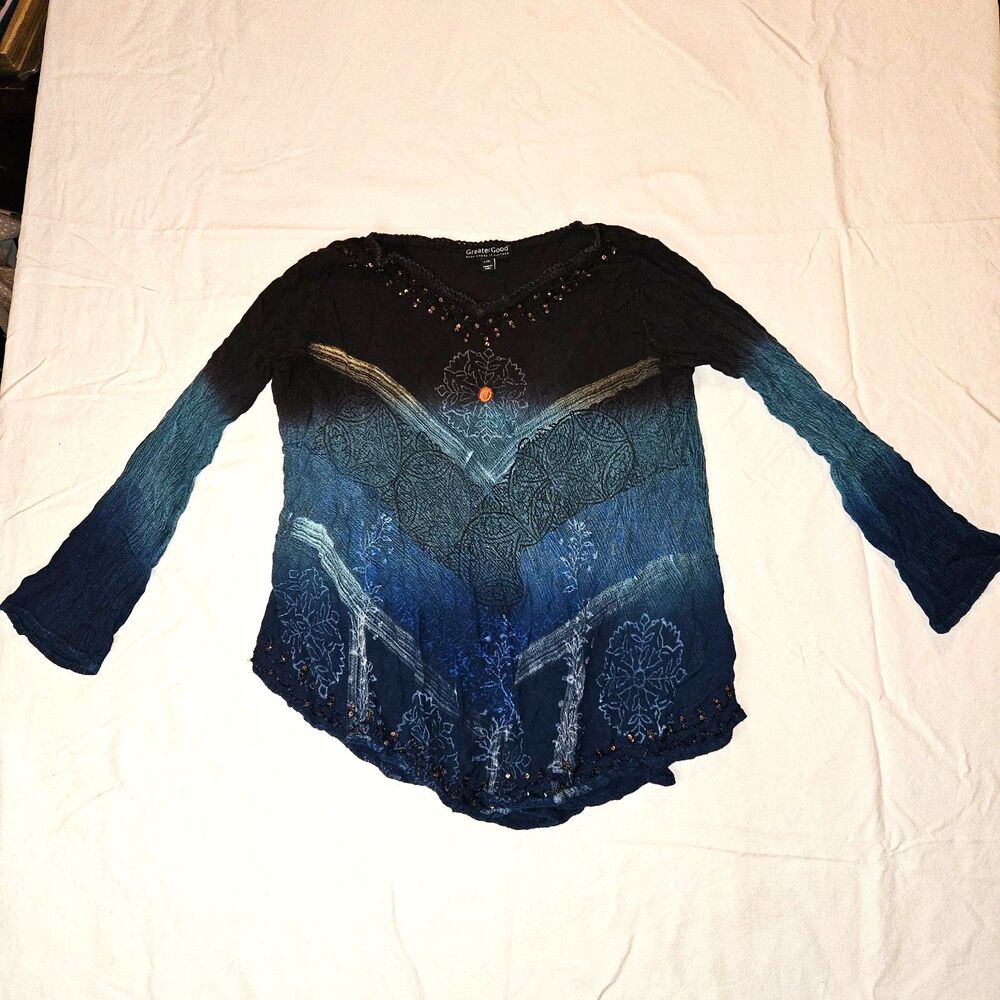 Greater Good Blue and Brown Embellished Long Sleeve Blouse Size Large